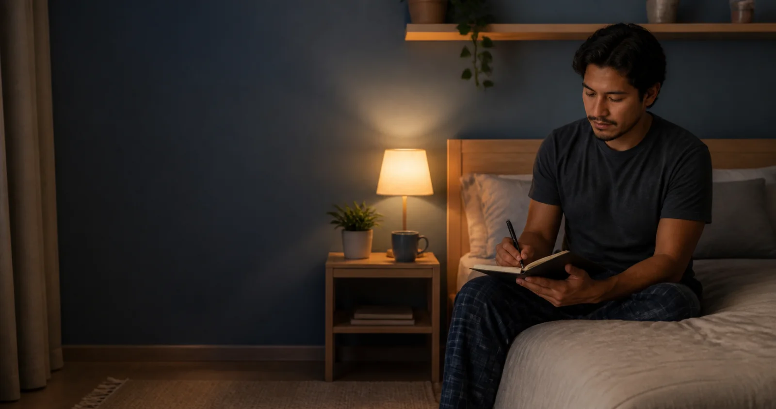 Persona escribiendo en un cuaderno junto a una lámpara