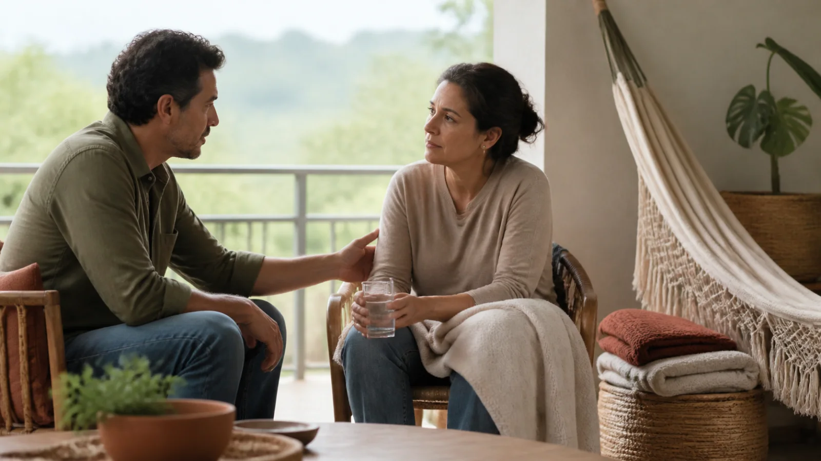 Dos personas conversando en un espacio tranquilo.