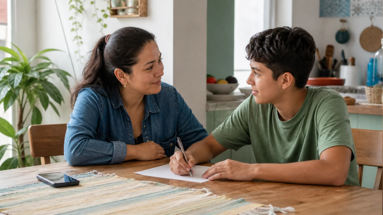Mamá e hijo  conversando juntos sobre los límites de uso del celular.