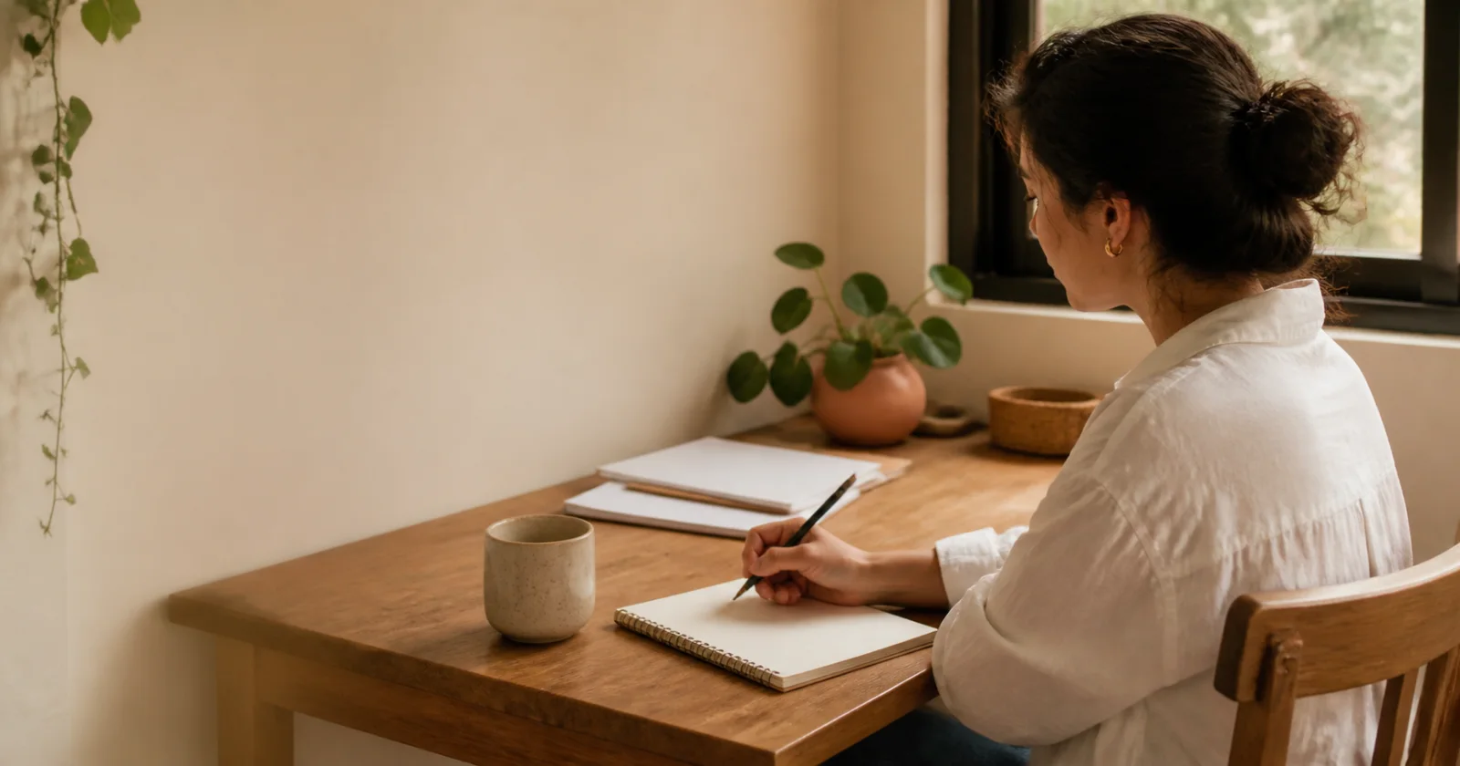 Persona escribiendo en un cuaderno junto a una mesa de madera
