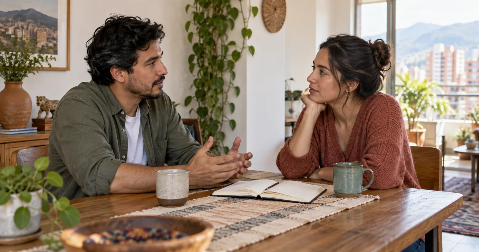 Pareja conversando en una mesa de comedor